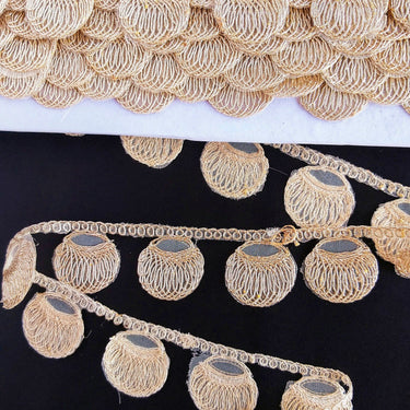 Gold Shimmer Thread Embroidered Circle Design Thread Trim, Fringe Trim, Approx. 34mm wide